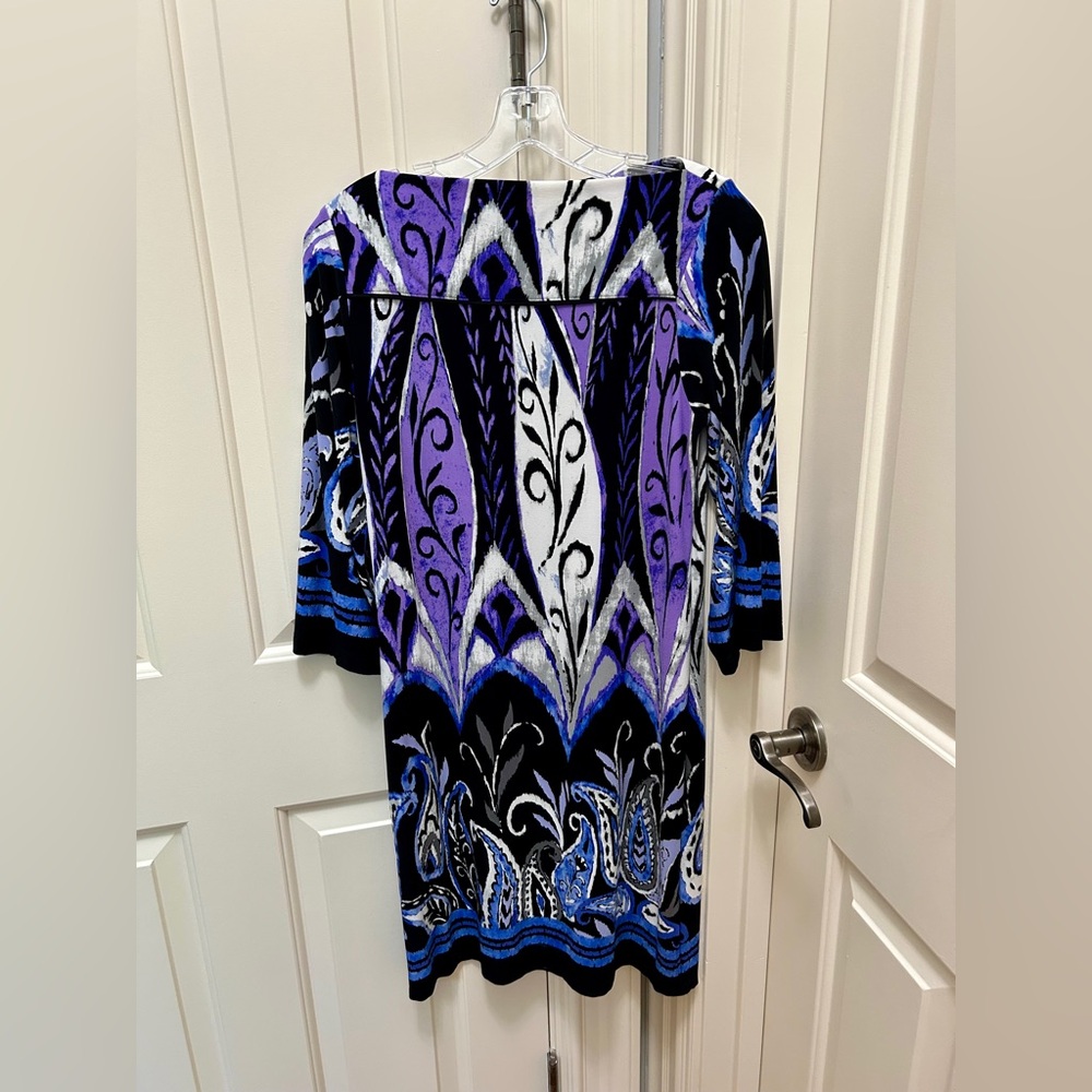 Elegant Purple and Black Patterned Dress, Size 10